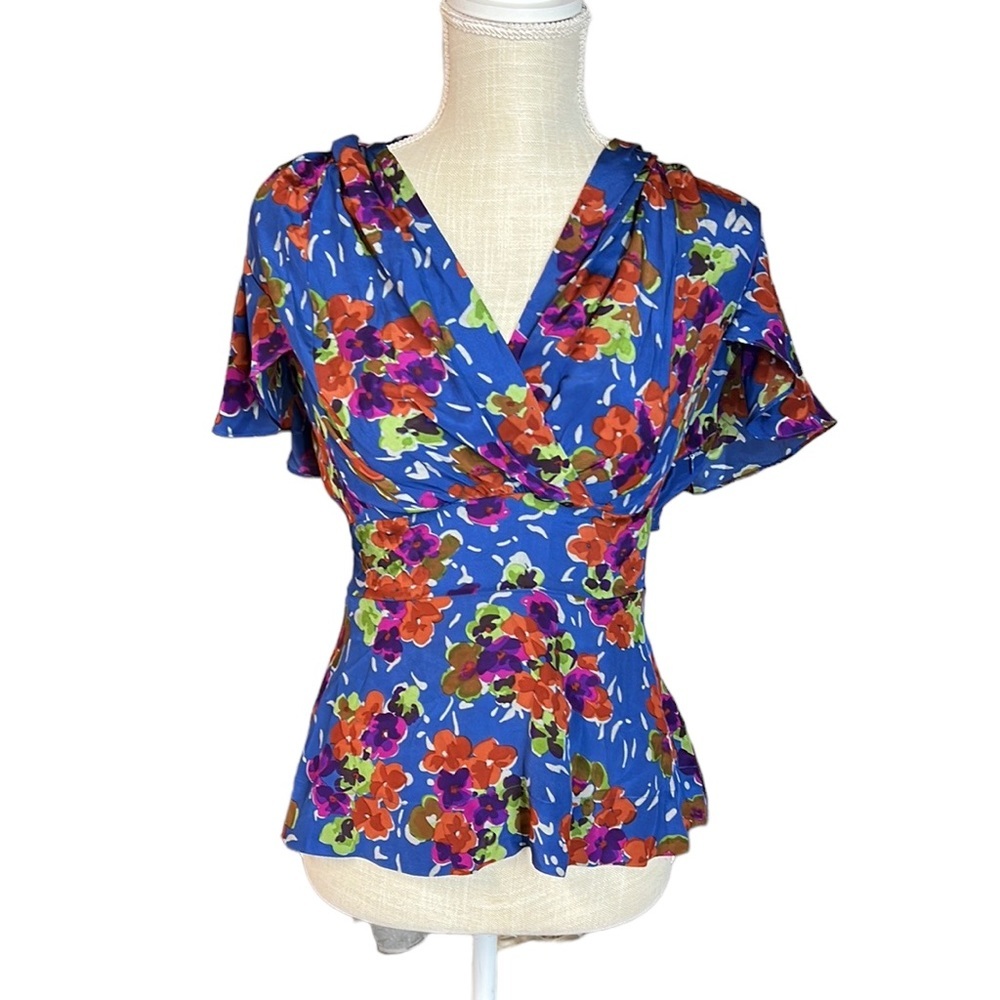 Anthropologie Girls From Savoy Short Sleeve Blouse Blue Red Floral Silk Womens 8